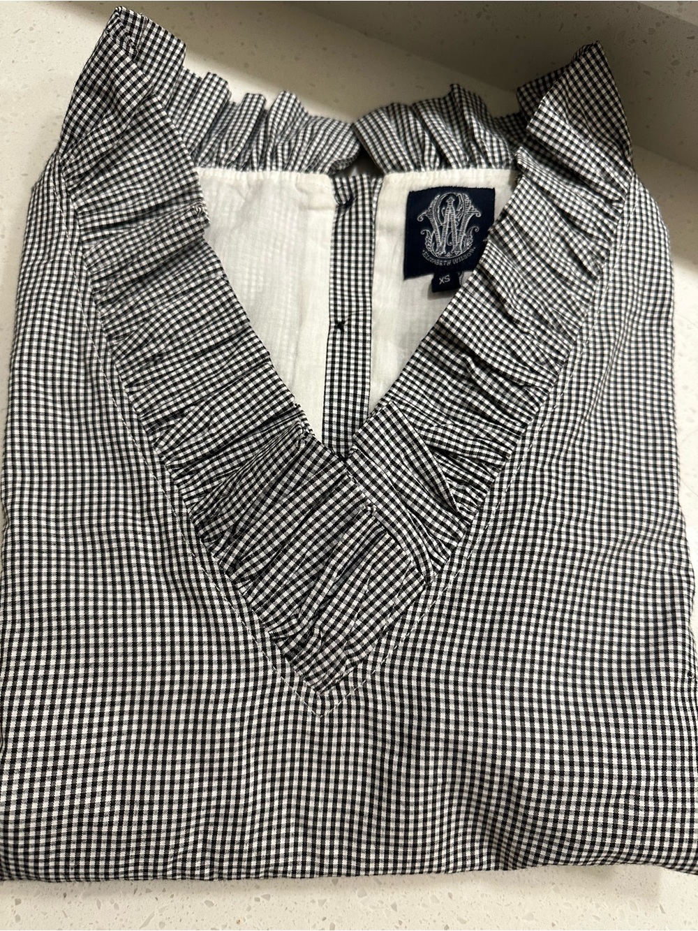 Black & White Gingham V-Neck Shirt with Ruffle Trim